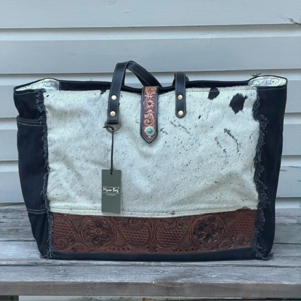 Myra Bag Comely Hand-Tooled Leather Cowhide Canvas Tote Bag Black S-5281 NWT